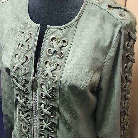 NWOT Boston Proper Khaki Olive Green Lace Up Grommet Faux Suede Jacket Sz Med - Picture 6 of 11